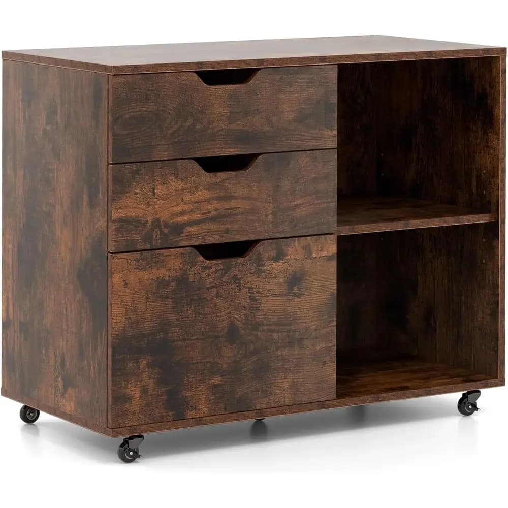 Mobile Wood Printer Stand with Open Shelves, Under Desk Storage Organizer for Legal/A4 Files, Suitable for Home Office (Brown)