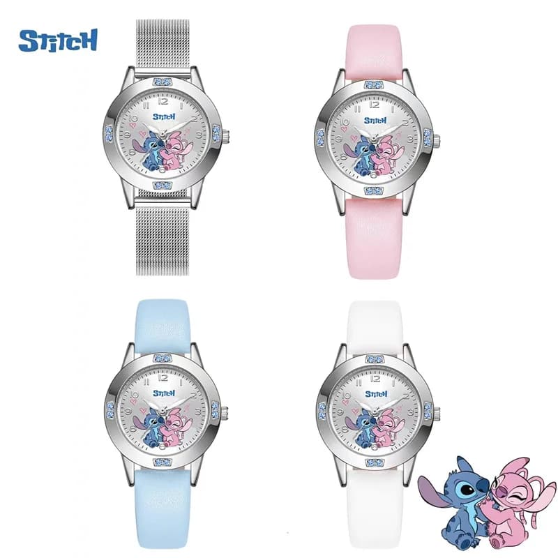 Orologi da ragazza Disney Stitch Orologio al quarzo con diamanti per donna Orologi da polso in pelle con cartoni animati Stich Orologio da cintura in acciaio alla moda regalo
