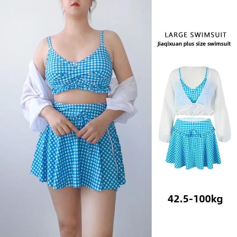 Nuovo Costume da Bagno Bikini a Vita Alta da Donna, Taglie Forti, per Spa Termale, Set Quattro Pezzi con Gonna Modellante, Taglie Grandi