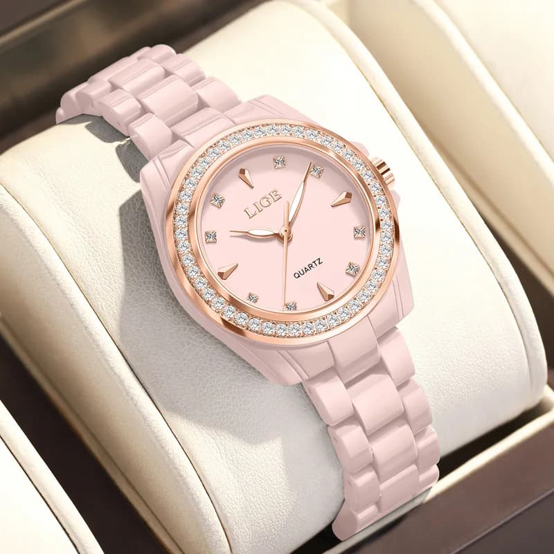 LIGE Orologio da donna rosa di lusso Orologio da polso da donna al quarzo moda impermeabile Quadrante con diamanti Orologi da donna in ceramica piena Relojs + scatola