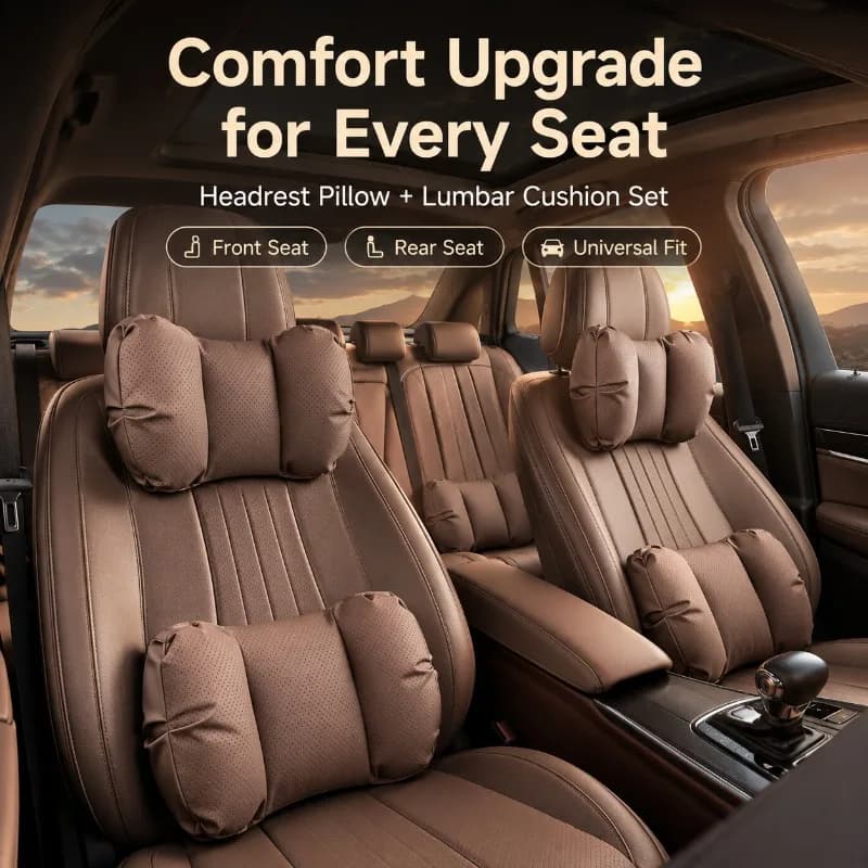 Breathable Nappa Leather Car Neck Pillow and Lumbar Cushion Set, Soft Rebound Bubble Foam Support for Long Drive Comfort