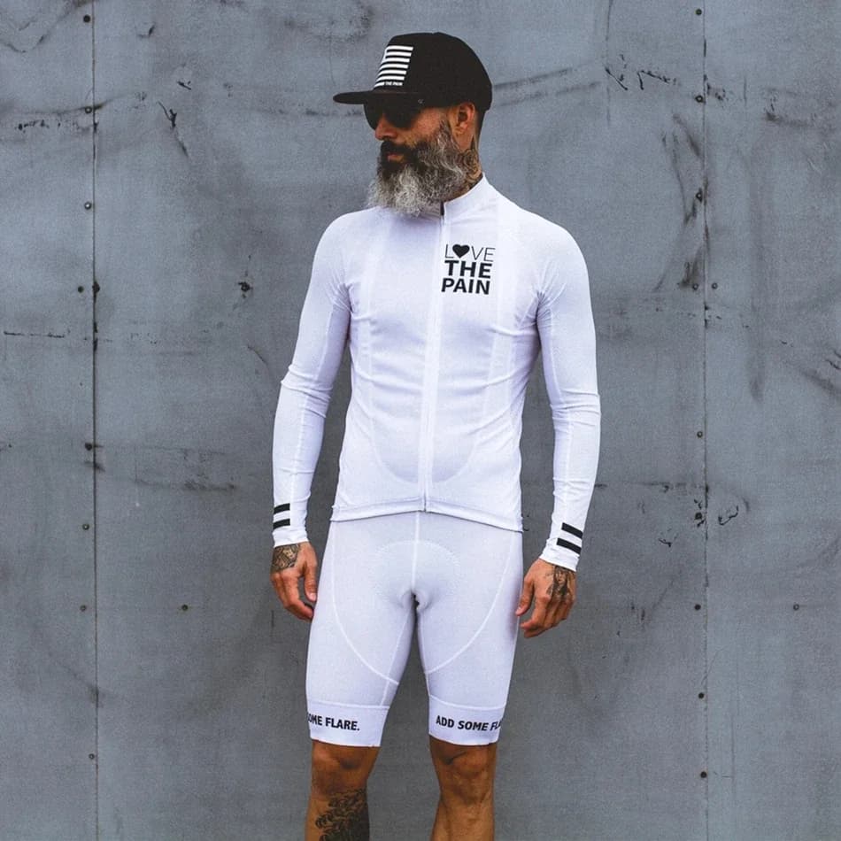 Love The Pain White Cycling Jersey Suit Usa Ciclismo Team abbigliamento 2022 Mens Shirt manica lunga bavaglino Shorts bici da strada Tri Suit Mtb