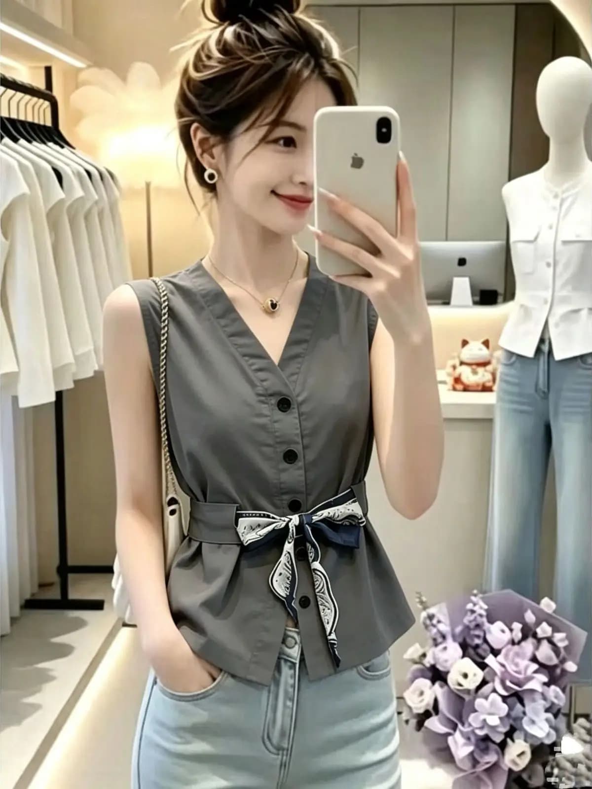 Elegante Camicetta Estiva da Donna con Scollo a V Senza Maniche, Nuovo Design con Nodo, Bellissima Blusa Trendy in Stile Coreano per il Lavoro