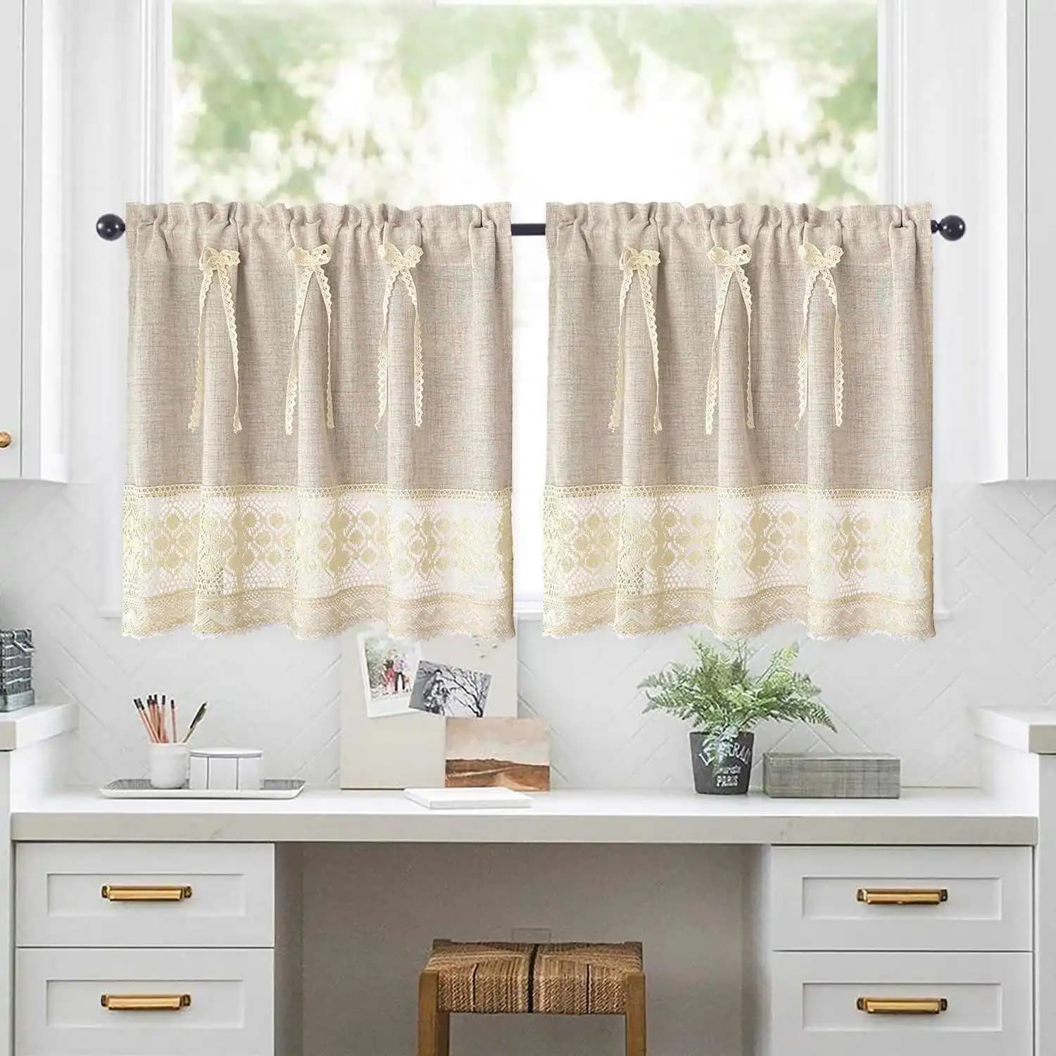 Boho Crochet Lace Stitching Beige Short Curtains For Kitchen,Retro Half Curtain with Ribbon Bow Tie Decor Cabinet,Small Window