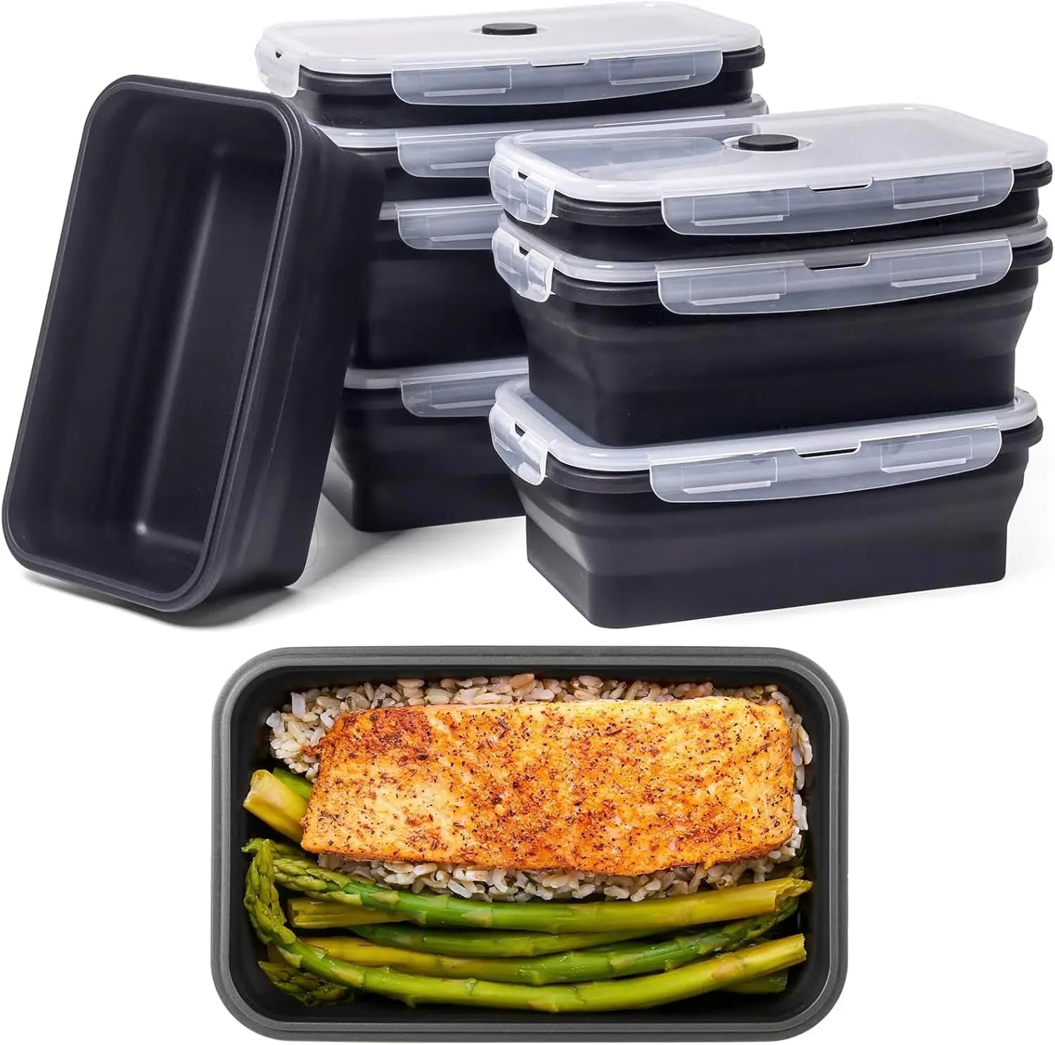 Contenitori Pieghevoli per Alimenti, Set da 8, 40 oz, in Silicone Riutilizzabili, Adatti per Microonde, Congelatore e Lavastoviglie, Senza BPA, Neri