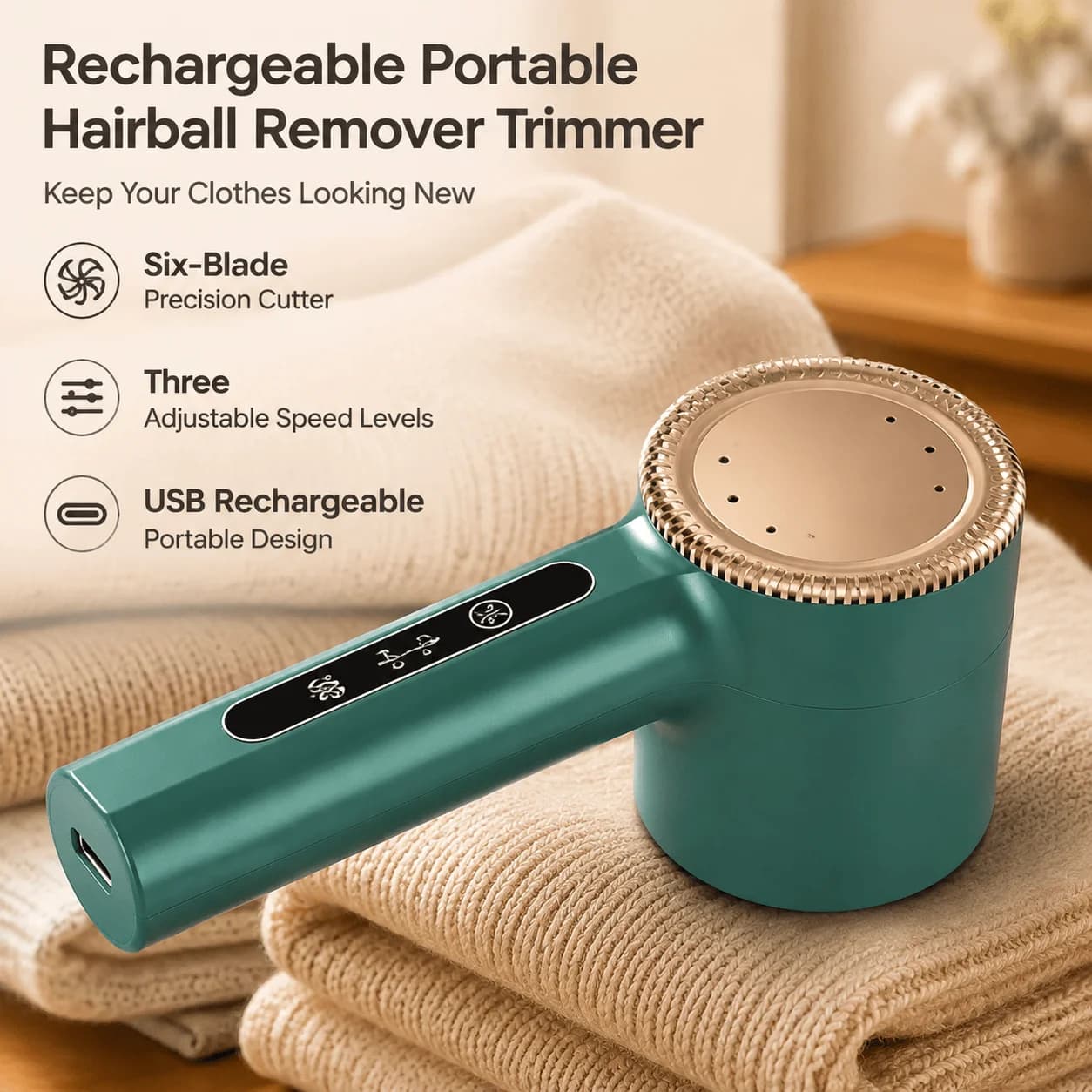 Fabric Shaver Lint Remover Rechargeable Portable Clothes Defuzzer Six-Blade Sweater Trimmer With 3 Speed USB Garment Care Tool