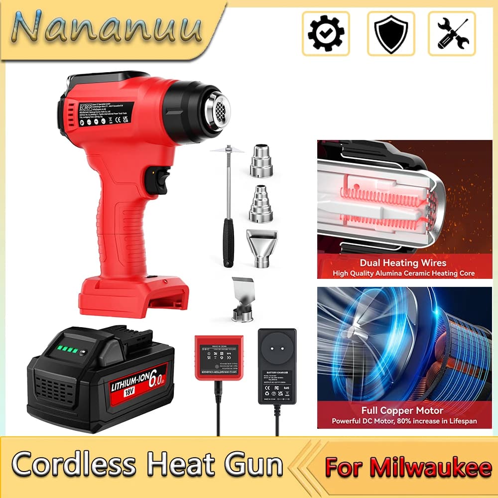 Pistola di calore a batteria Nananuu per Milwaukee M18 Pistola ad aria calda elettrica portatile a batteria per utensili elettrici per avvolgimento termoretraibile artigianale