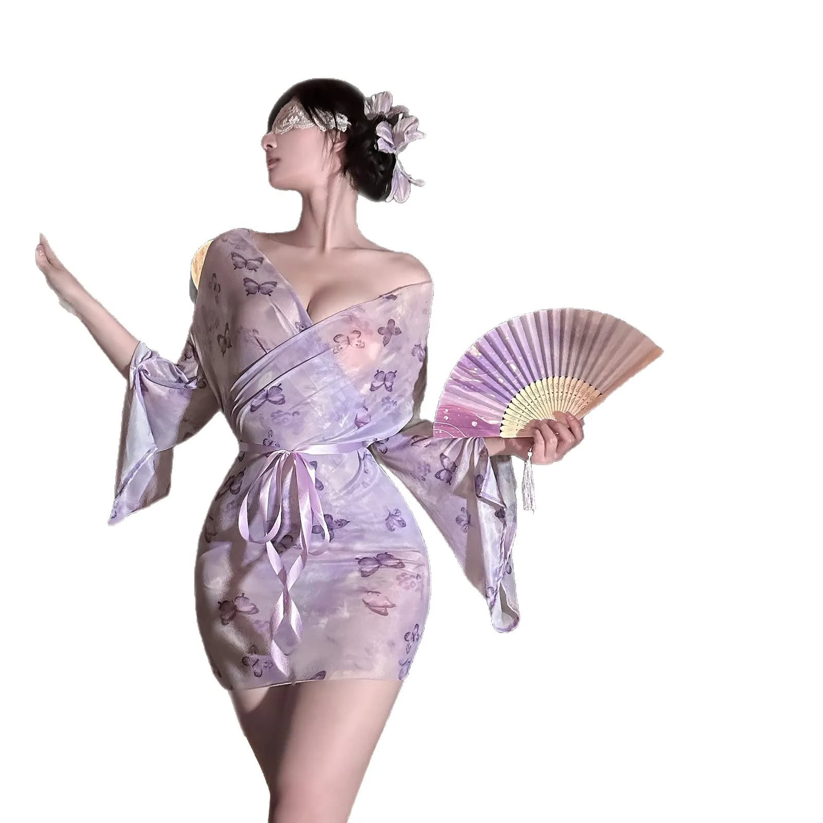 Abito Cheongsam Floreale Sexy con Stampa a Farfalla, Stile Pure Desire, con Scollo sulla Schiena e Spalle Scoperte, con Laccetti in Vita e Dettagli Cut-out FCIW