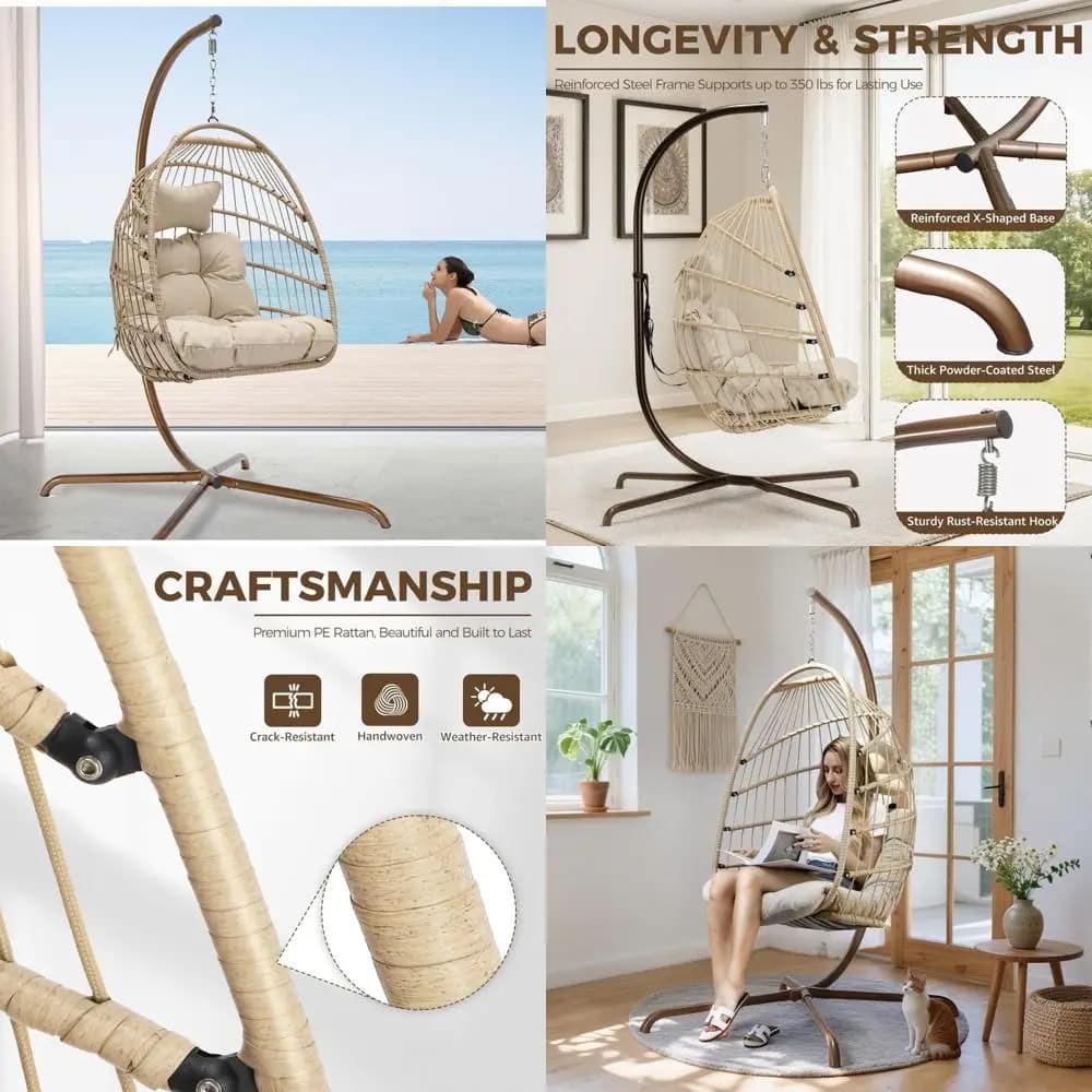 Suspended egg chair for indoors and outdoors with support, comfortable patio rattan swing hammock chair, capacity of 350 pounds, Chai padded swing