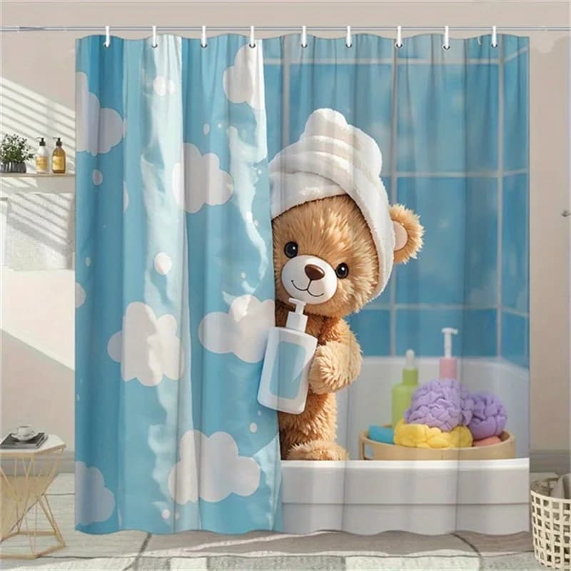 Tenda da doccia con orsacchiotto - Design con orsetto di peluche e asciugamano, nuvole blu, poliestere, 12 ganci, 70,8x70,8 pollici, lavabile