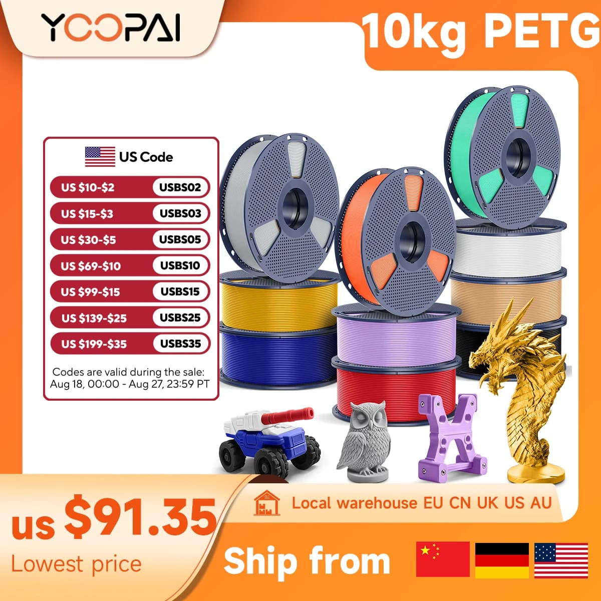 10kg Official Filament PETG 1.75mm 1kg/roll 10 Coil Filament 3D Printer PLA/PETG/Seta/ABS/TPU For Bambu Creality