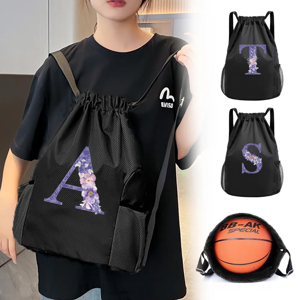 Zaino con coulisse, borsa fitness con coulisse, zaino pieghevole con coulisse, con lettere multiple, utilizzabile per spiaggia, sport, viaggi