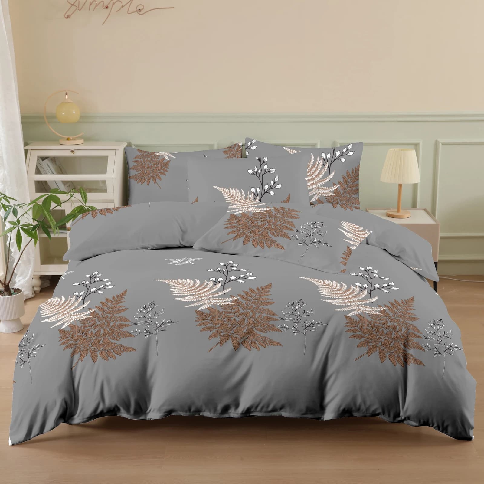 Set copripiumino spazzolato con stampa foglie grigie (2 federe + 1 copripiumino) Set biancheria da letto con motivo a foglie vegetali Set 3 pezzi in poliestere ultra morbido e traspirante Adatto per camera da letto, camera degli ospiti e dormitorio (Copriletto + Federe, non include piumino e imbottiture per cuscini) Copripiumino con cerniera + Federa con tasca