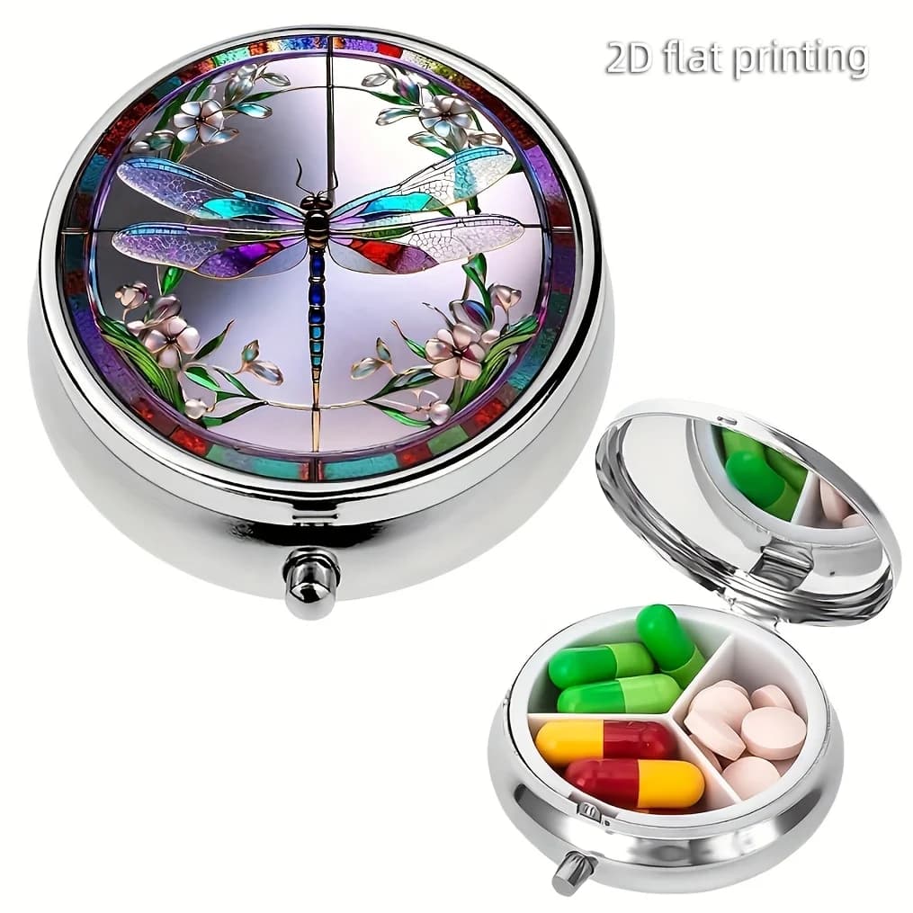 Dragonfly-shaped pill box, three-compartment pill box, pill box, wallet-style pill box, portable pill box, pill box that can be placed in a pocket or wallet, decorative metal vitamin box, unique travel gift, best Christmas gift