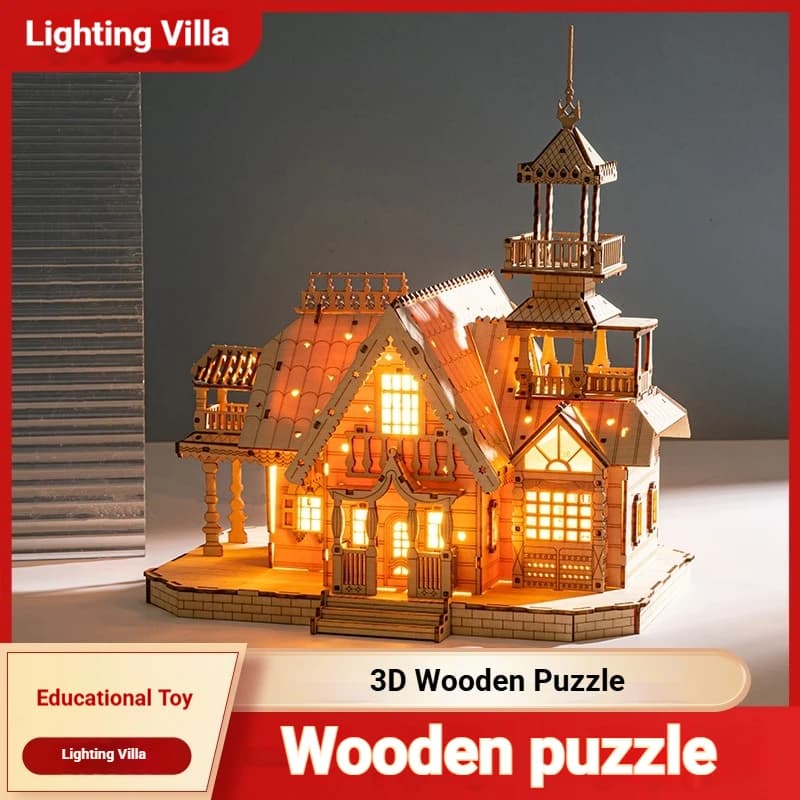 Puzzle 3D in Legno Modello Villa, Taglio Laser, Kit Fai-da-Te con Luci LED, Regalo di Natale per Adulti, Hobby e Decorazione Casa