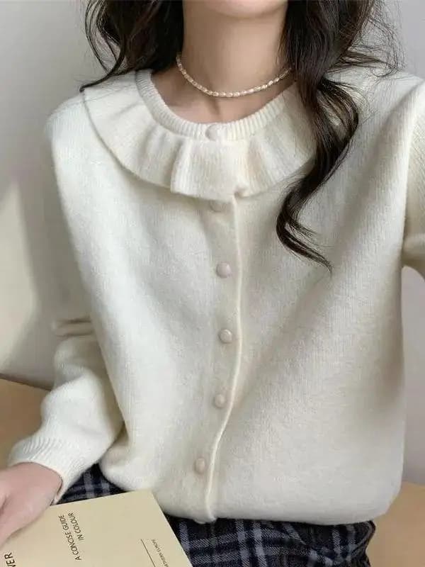 Soft Cozy round Neck Single Button Women's Knitted Sweater Jacket Spring Autumn Korean Style Pure Color Open Cardigan