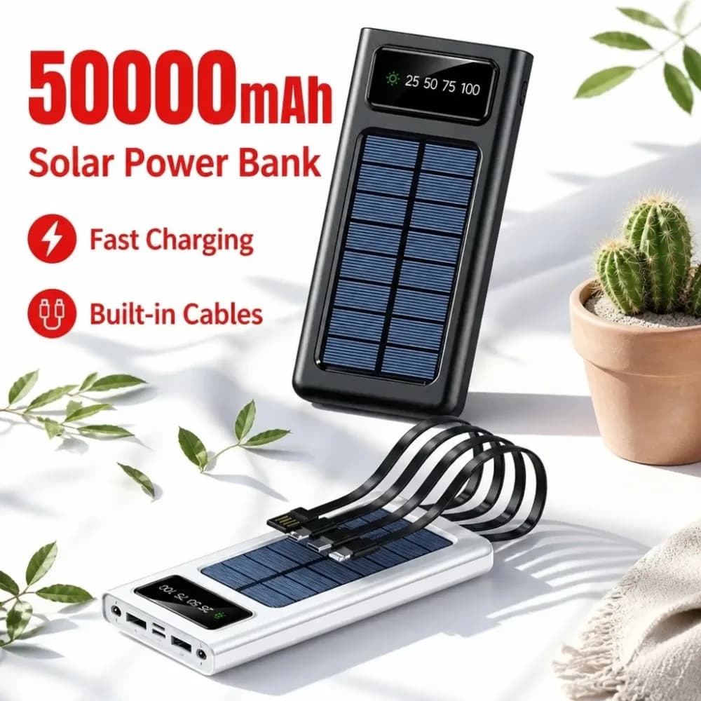 50000mAh Solar Power Bank, Fast Charging Battery with Built-in Cables, LED Display & Flashlight for Camping Travel PowerBank