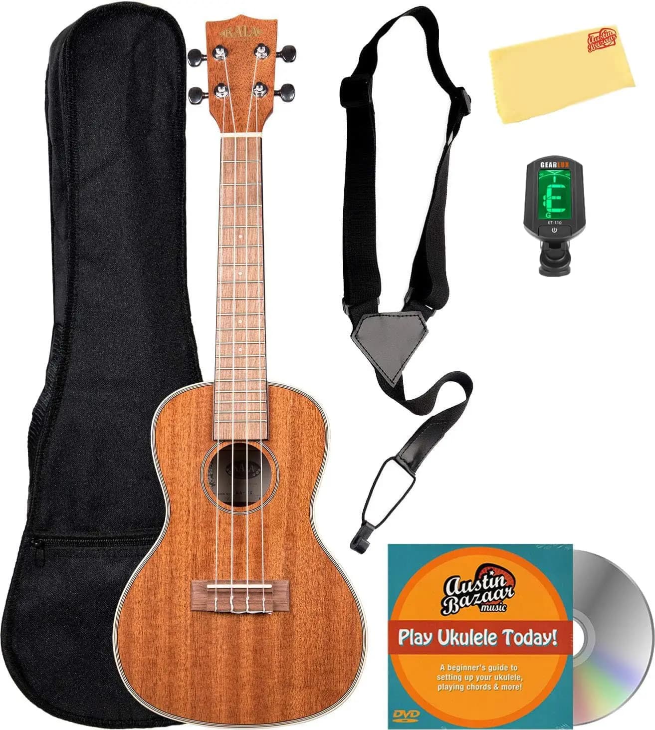 Glossed Mahogany Concert Ukulele Complete Bundle with Gig Bag, Tuner, Strap, Instructional DVD, and Polishing Cloth