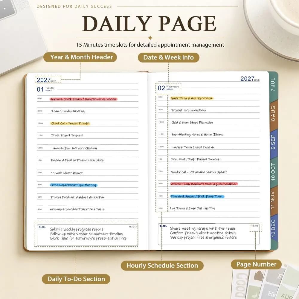 English 2027 Schedule Planner Notepad Wear-resistant 12 Months A5 Agenda Planning Notebook Portable Simple