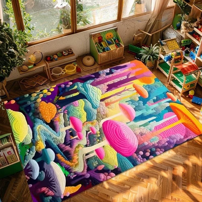Trippy Psychedelic Colorful Mushroom Forest Large Area Rug, Abstract Surreal Fantasy Fungus Non-slip Play Floor Carpet