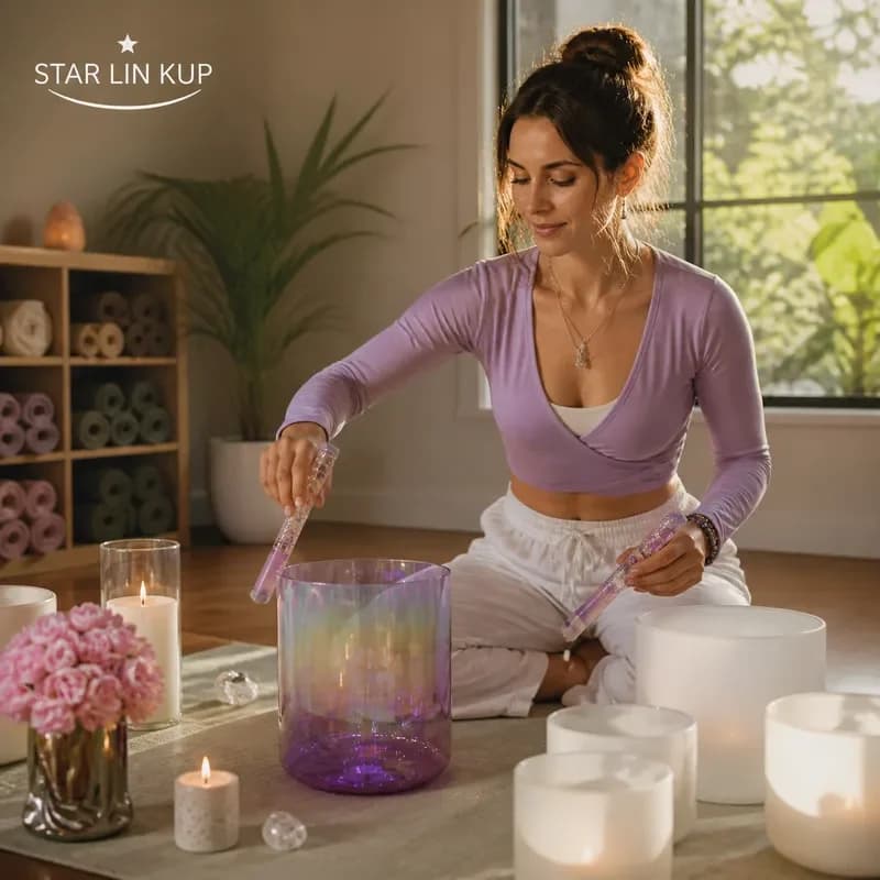 STAR LIN KUP 7 Chakra Crystal Singing Bowl Set Purple Quartz Meditation Sound Healing Alchemy Bowls for Yoga Mindfulness