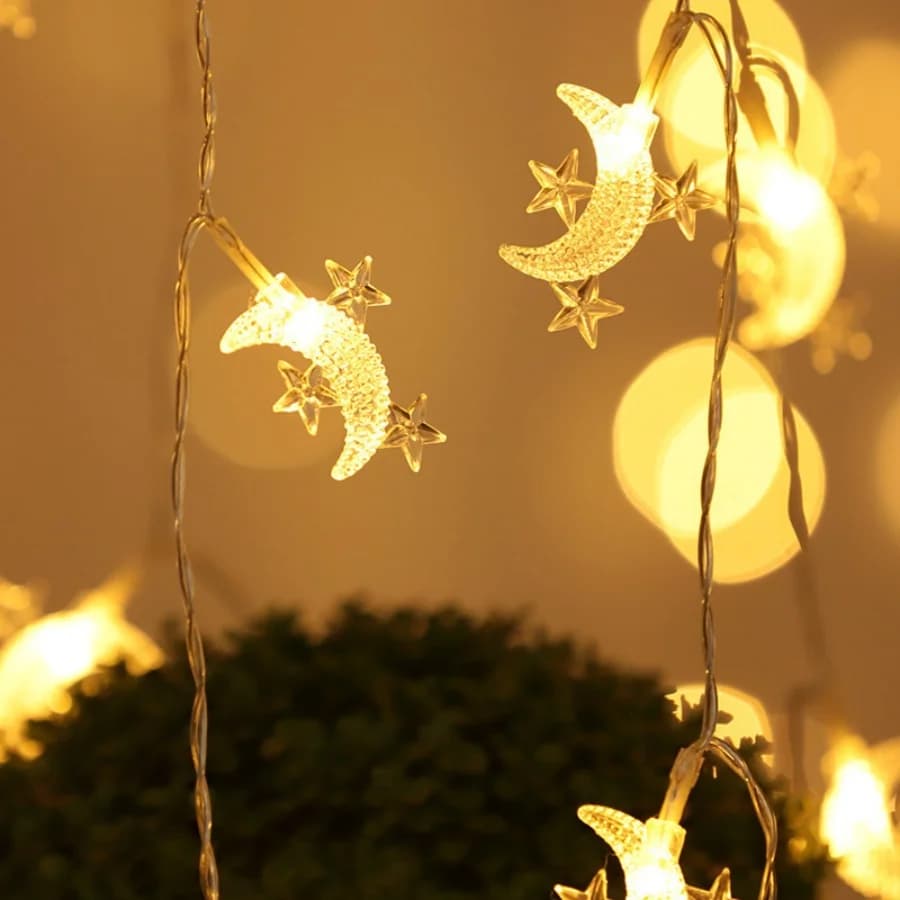 1 stringa di luci a forma di stella e luna bianco caldo - Luci a LED per camera da letto, matrimoni, decorazioni natalizie e per feste, funzionamento a batteria