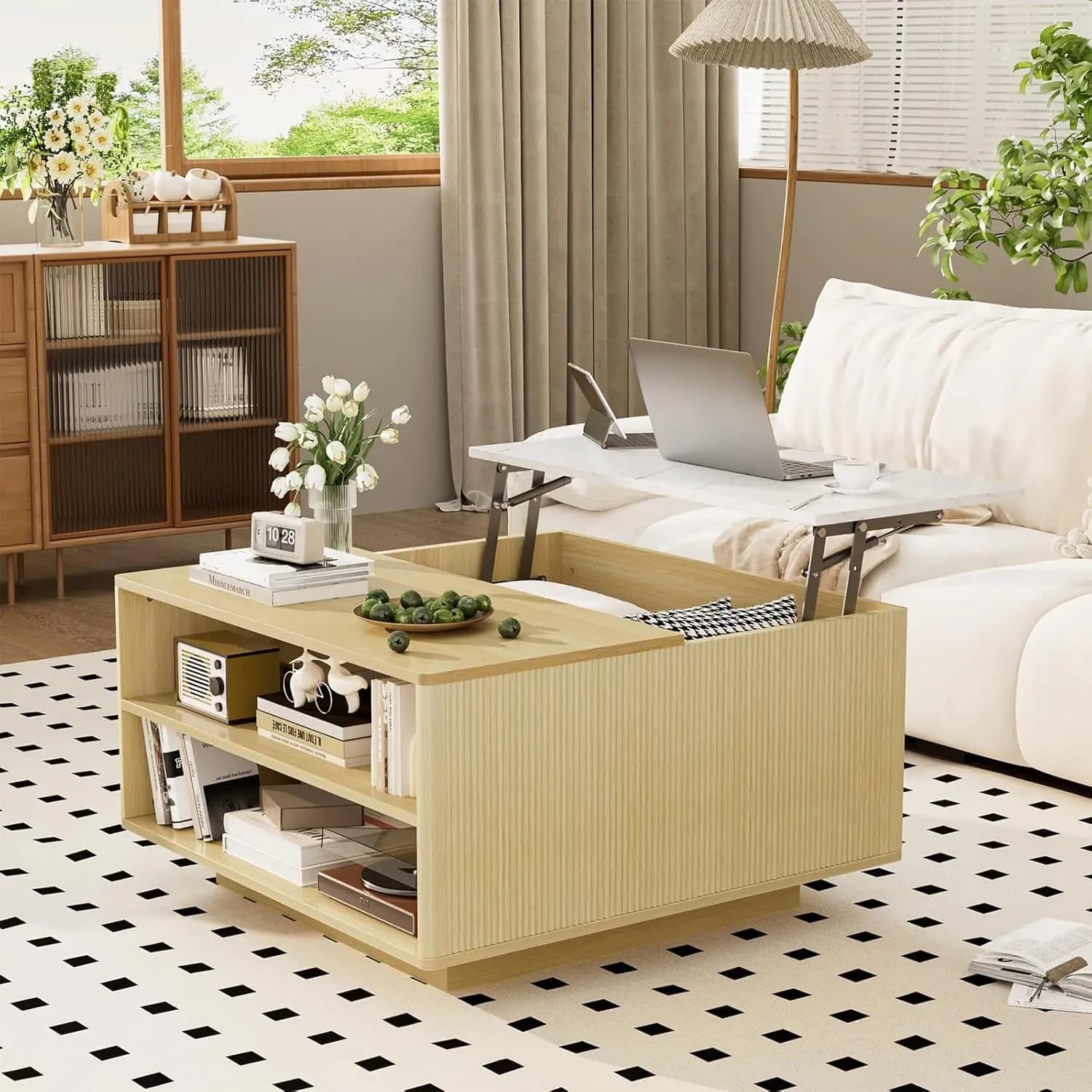 Tavolino da Caffè Moderno LED da 47 Pollici con Piano Sollevabile, Tavolino Tutto Nero con Vano Portaoggetti, Superficie Lucida, Spazio di Archiviazione Nascosto, Personalizzabile