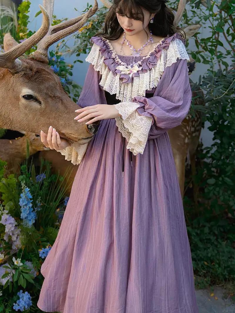Nicemix Purple Victorian Classic Lolita Dress Spring Lace Spliced Lantern Sleeve Slim A Line Vintage Sweet Princess Casual Party