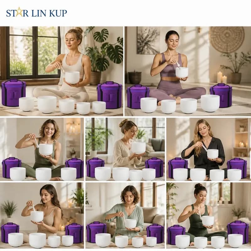STAR LIN KUP 7Pcs White Frosted Quartz Crystal Singing Bowls Set 6-12 Inch OM Chakra Healing Sound Therapy with Carry Bags