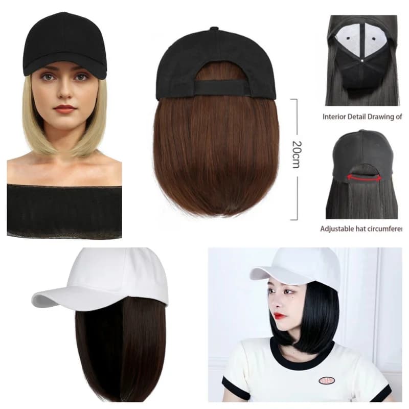 8inch Hat Wigs Black Golden Synthetic Short Bob Straight Wig With White Black Baseball Cap Adjustable Hat WigsFas For Women