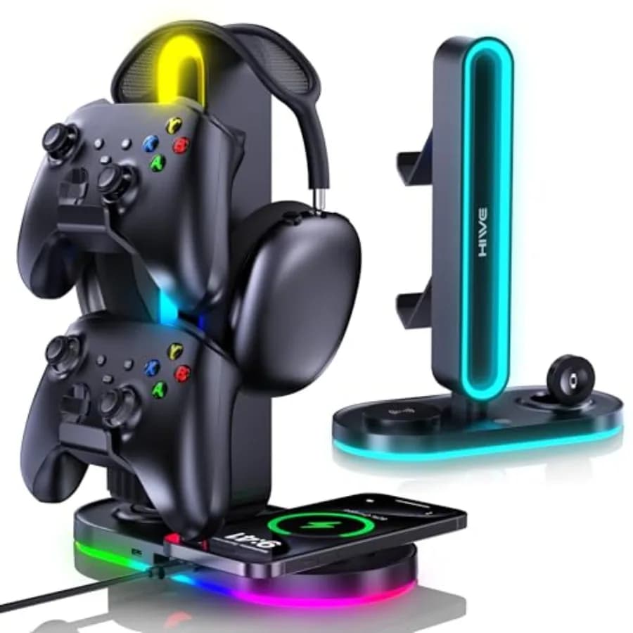 Supporto per cuffie da gaming RGB 4-in-1 con doppio supporto per controller, caricatore wireless per iPhone/Apple Watch, uscite USB-A e USB-C