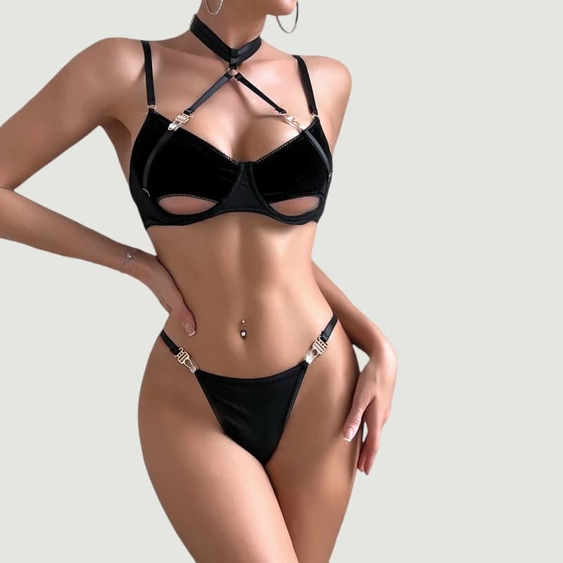 Toucheart Set da 2 pezzi Lingerie sexy da donna Trasparente con scollo all'americana Comodi calzini con giarrettiera Tinta unita Set di biancheria intima scavata