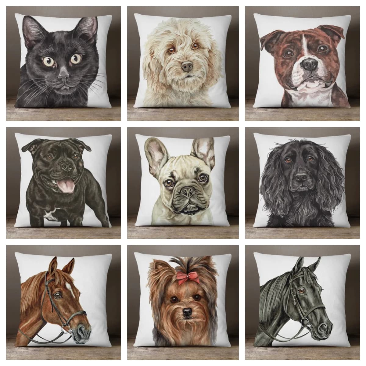 1 pz Federa per cuscino con ritratto realistico di animali domestici, stampa fronte-retro 2D in poliestere, arte ad acquerello con cane, gatto, cavallo, per amanti degli animali