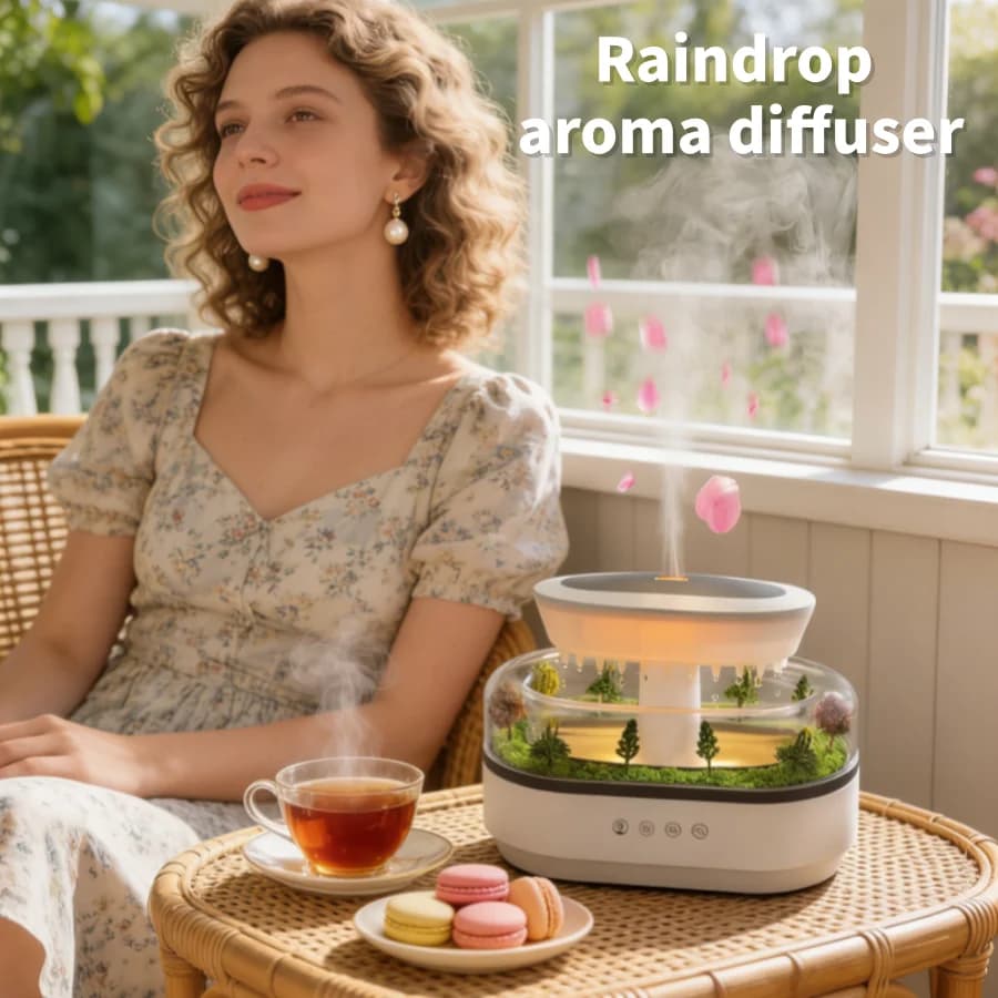 Umidificatore ad ultrasuoni con diffusore di oli essenziali, rumore bianco e luce colorata, diffusore di fragranze per la casa a forma di goccia di pioggia