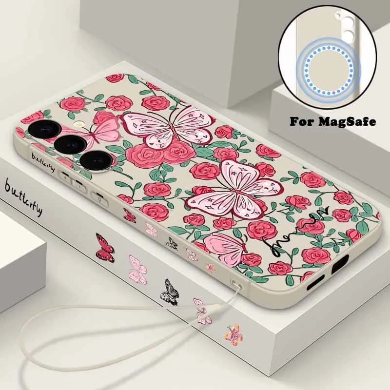 Custodia con cordino magnetico fiore romantico per Samsung Galaxy S24 FE S25 S24 S23 S22 Ultra Plus per copertura in TPU con ricarica wireless Magsafe