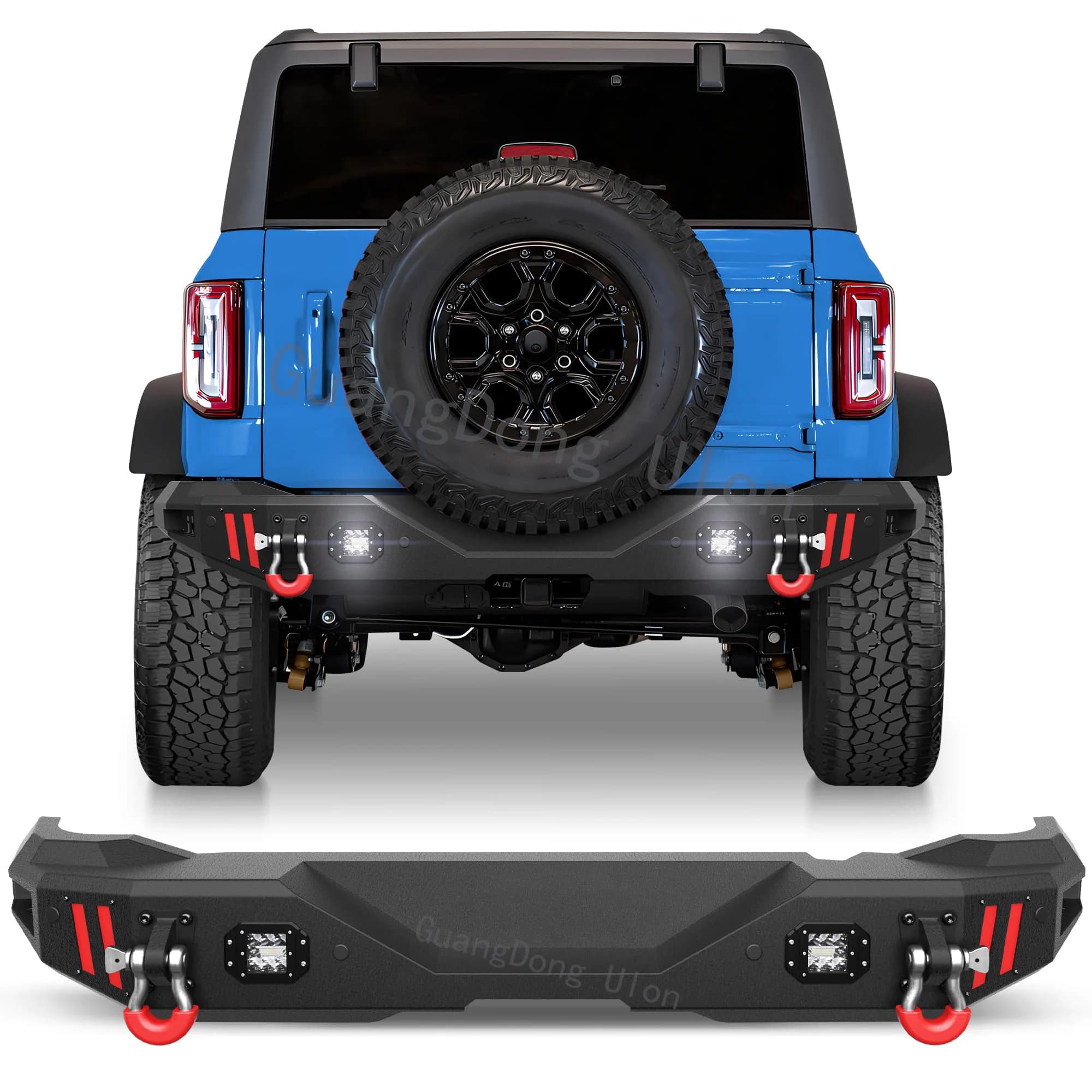 Paraurti posteriore per Ford Bronco 2021-2024 Paraurti passo-passo a larghezza intera nero testurizzato con anello a D e luci a LED