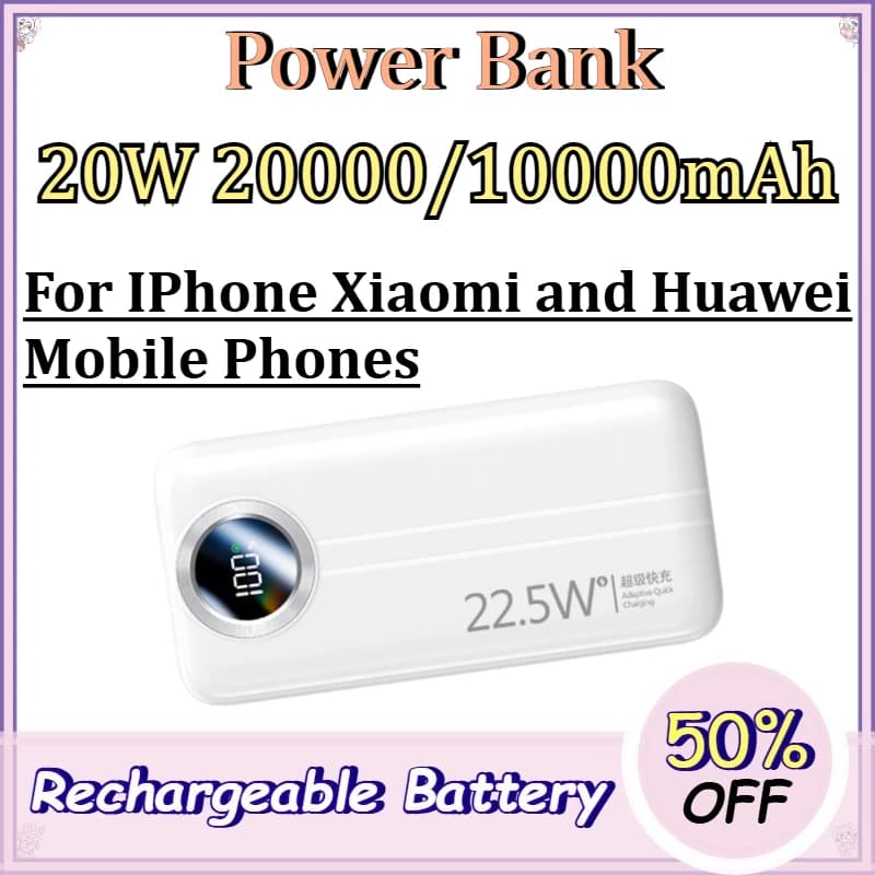 20W 20000/10000mAh Power Bank for IPhone Xiaomi and Huawei Mobile Phones Portable High-Capacity PowerBank