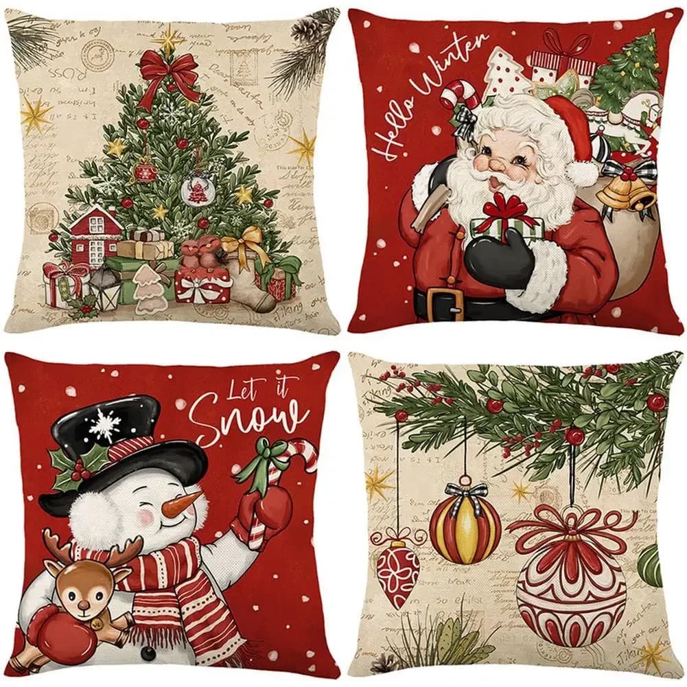 4 Pack 45x45cm Christmas Decorative Throw Pillow Covers Santa Snowman Linen Cushion Case for Home Sofa Couch Party Decorations