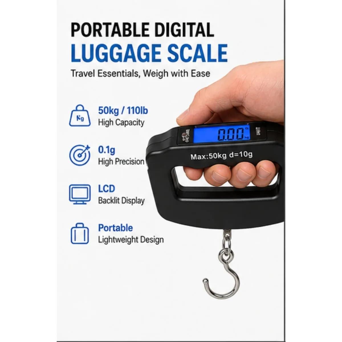 Bilancia Digitale Portatile per Bagagli con Display LCD Retroilluminato Alta Precisione 0.1g Max 50kg 110lb