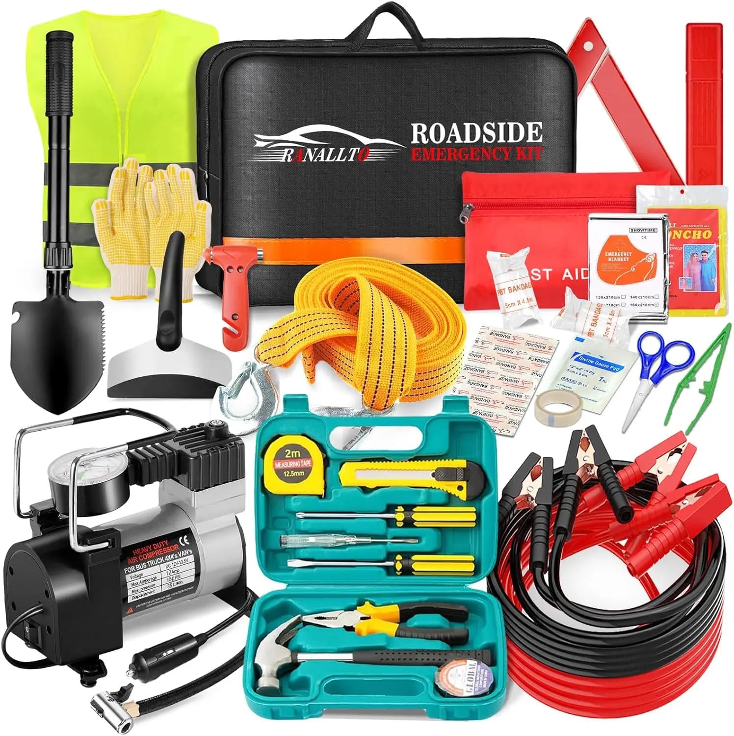 Kit stradale di emergenza per auto con compressore d'aria, cavi jumper, pronto soccorso, coperta e pala per la sicurezza invernale