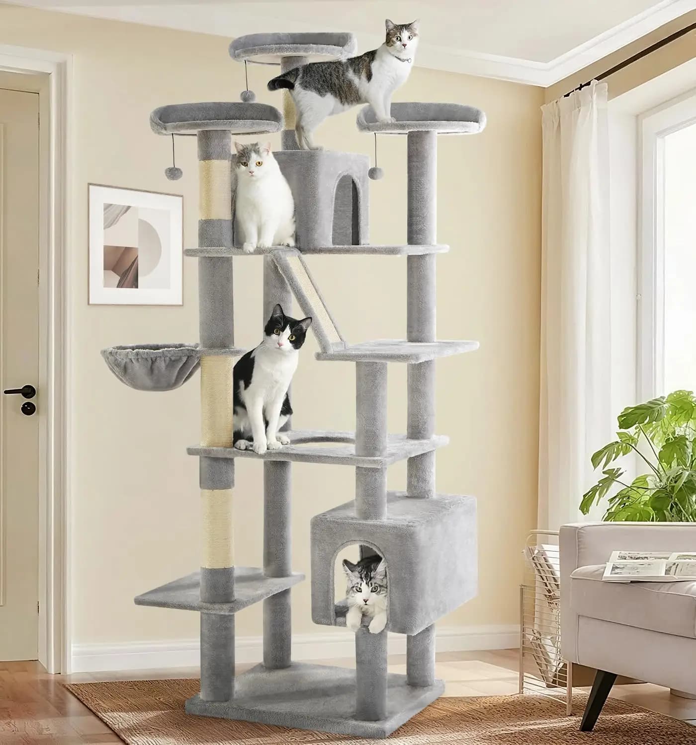 Albero per Gatti Alto 80 Pollici con Tiragraffi, Amaca e Cucce per Gatti da Interno - Grigio Chiaro