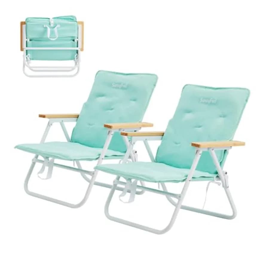 Sedia da Spiaggia Pieghevole con Braccioli in Legno e Cuscino, Leggera e Resistente, per Campeggio, Spiaggia, Giardino, Esterni, Verde Menta 2