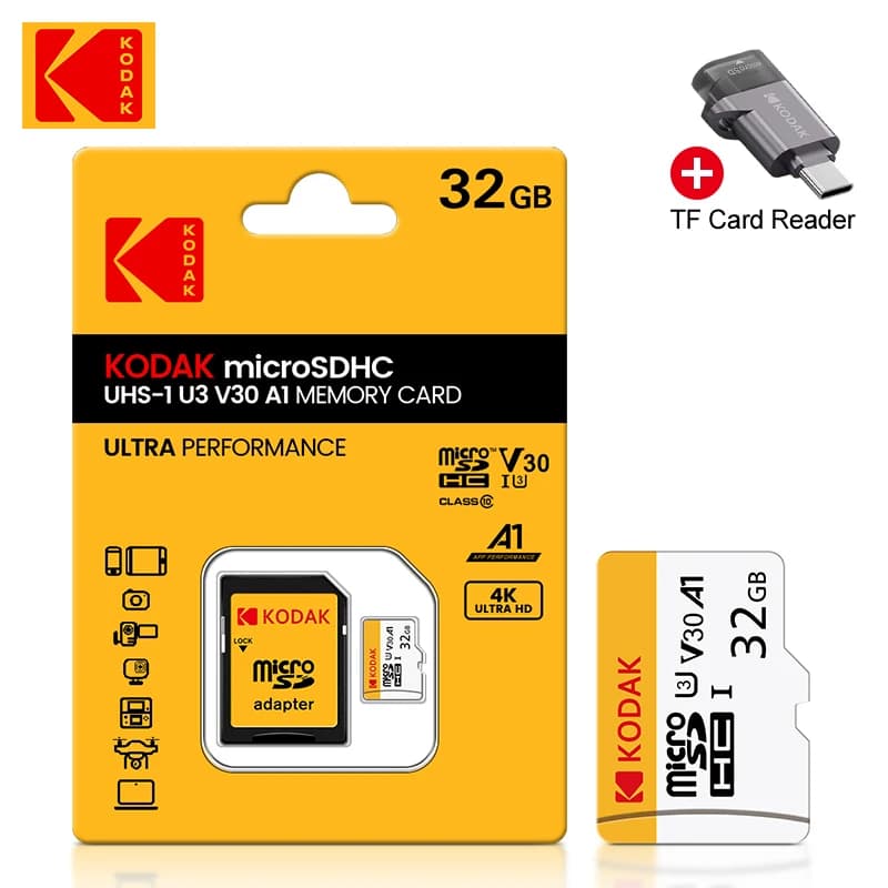 KODAK Micro SD TFcard 64GB 32GB Memory Card 128GB Class 10 Microsd SD Card 100MB/S UHS-I A1 Card for Phone/PC Card Reader