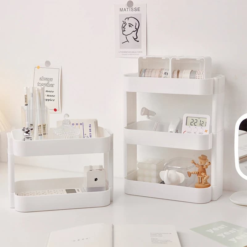 Scaffali Multifunzionali a Doppio Strato, Organizzatore da Scrivania in Plastica, Portaoggetti per Cosmetici e Accessori