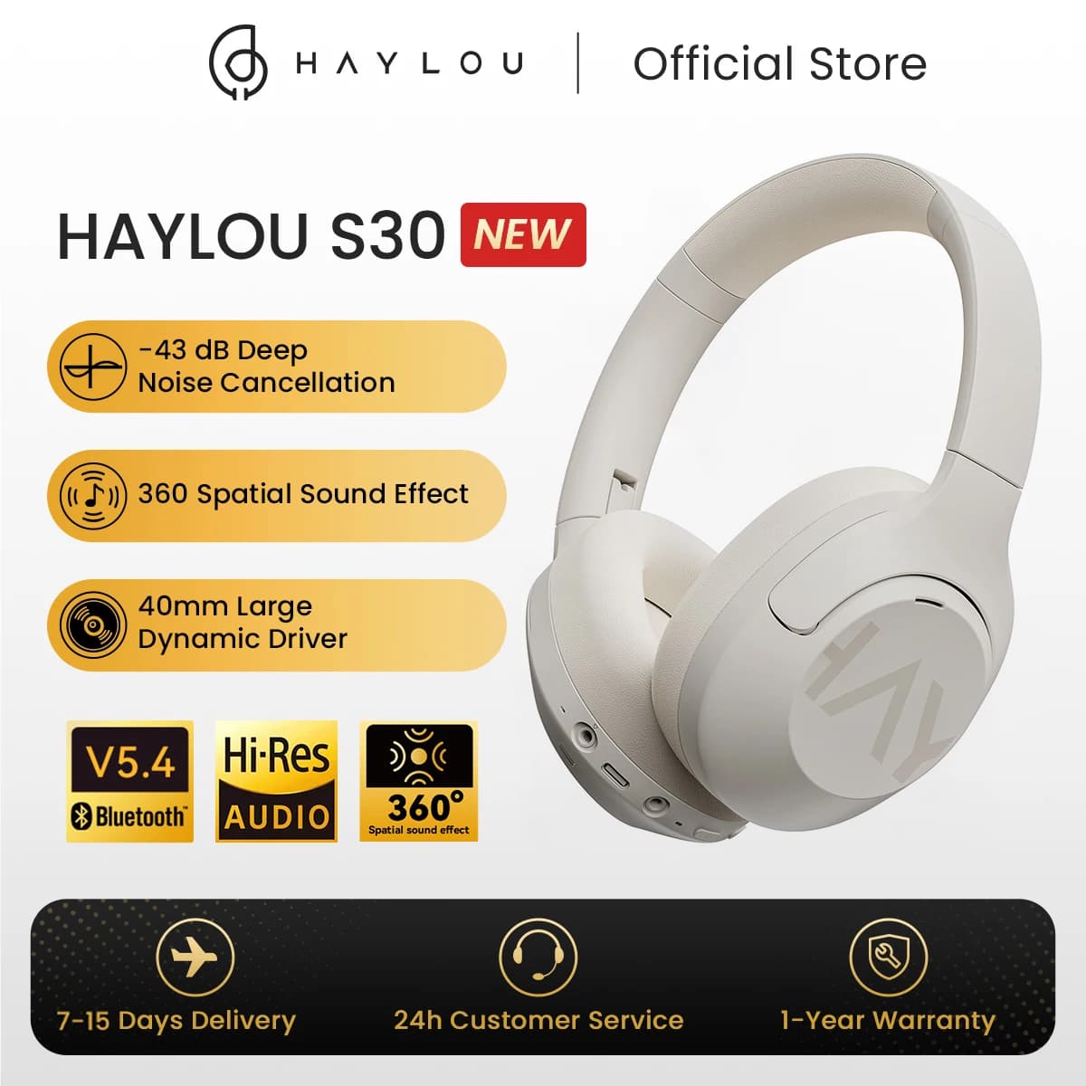 HAYLOU S30 ANC Cuffie Wireless Bluetooth 5.4 Cuffie ad alta risoluzione 43dB Auricolari adattivi con cancellazione del rumore Driver 40mm 80H