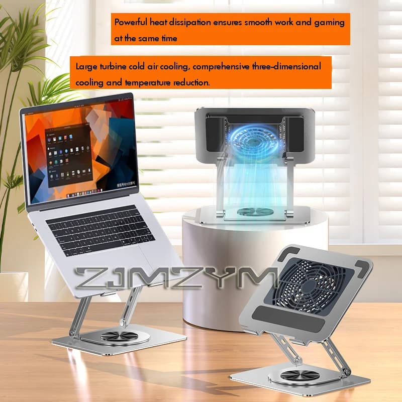 Supporto di raffreddamento turbo per laptop Supporto per tablet in metallo con ventola di raffreddamento 360 ° Supporto per laptop girevole e pieghevole con altezza crescente