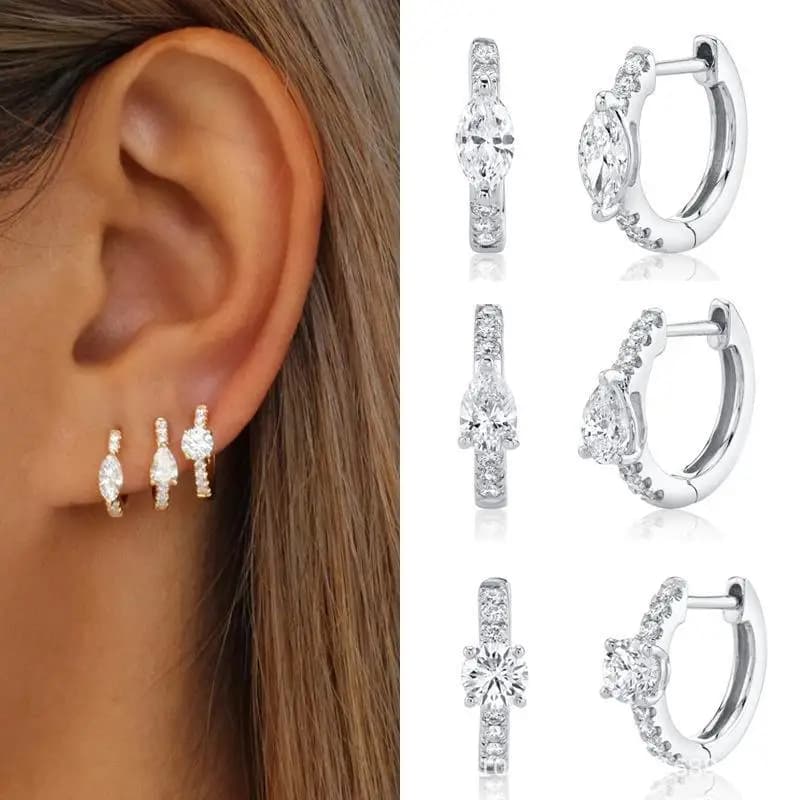 Gold Plated Copper Huggie Earrings Sparkling Geometric Round Marquise Pear Shaped Dainty for Women Daily Wear Party Gift