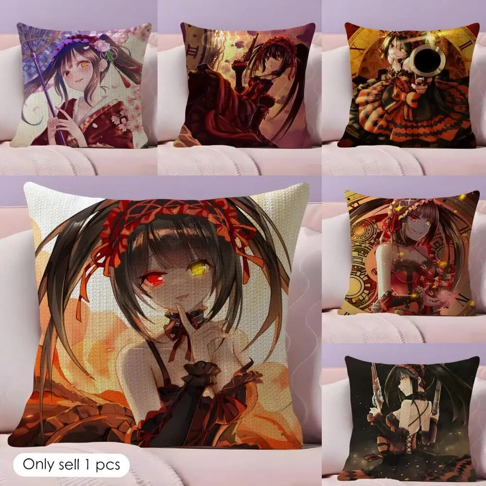 T-Tokisaki Kurumi Cushion Cover Natural Linen Double Sided Print Throw Pillow Case for Sofa Couch Home Decor