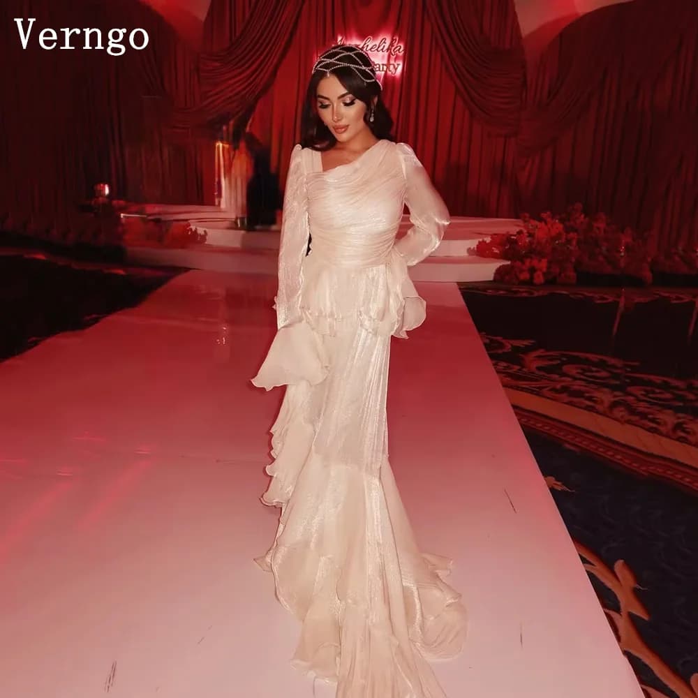 Verngo Chamagne Abito da sera in chiffon lucido con scollo a V maniche lunghe A Line Abito da cerimonia formale a strati Abito da ballo con lacci Personalizzato