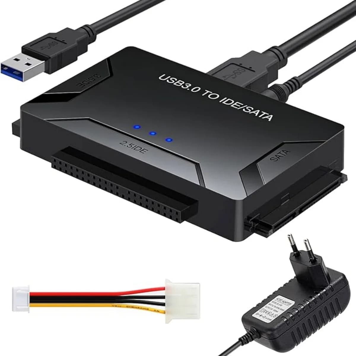 Adattatore Esterno per Disco Rigido IDE SATA USB3.0 per HDD SSD Universali da 2.5 e 3.5 Pollici, con Alimentazione Esterna DC 12V 2A USB3.0 Sata